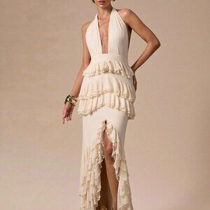 Apricot Sexy Women's Deep V-Neck Fitted Elegant Ruffle Hem Dress